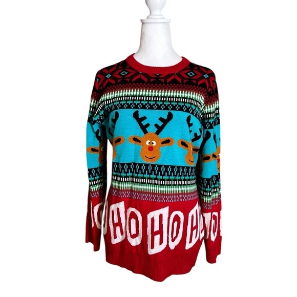 Reindeer Ugly Christmas Sweater HO HO HO Mixed Pattern Red Blue Size M - Picture 3 of 17